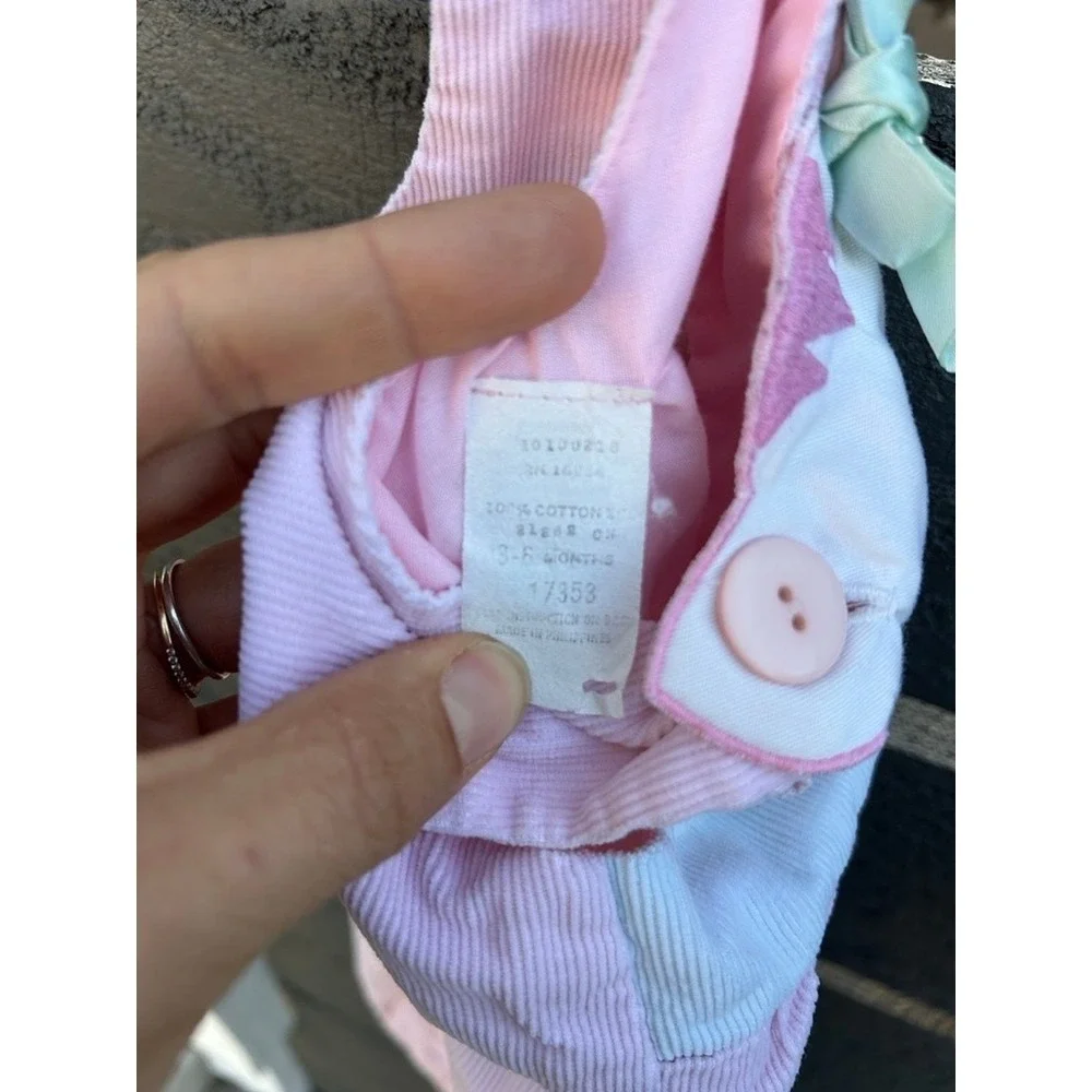 Vintage 80s Corduroy Romper with Kitty.  Pink‎ and teal band.  Size 3-6 months